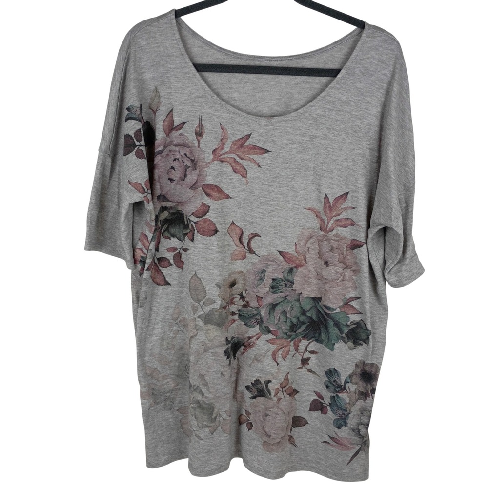 Floral Graphic Heather Gray Knit Tunic Top Short Sleeve Scoop Neck Relax Fit XL